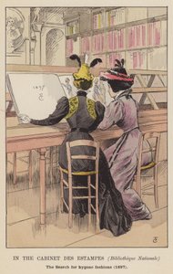 In het Cabinet des Estampes, Bibliothèque Nationale, op zoek naar vervlogen mode, 1897 door François Courboin