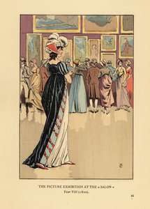 Vrouw in modieuze jurk bij de Schilderijententoonstelling in de Paris Salon, Academie des Beaux-Arts, Jaar VIII door François Courboin