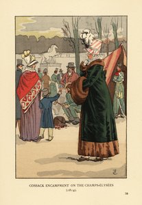 Vrouw in bontjas met bontmof bezoekt de Tataarse en Kalmykse Kozakkenbivak in Parijs na de val van Napoleon. Kozakkenkamp op de Champs Elysees door François Courboin