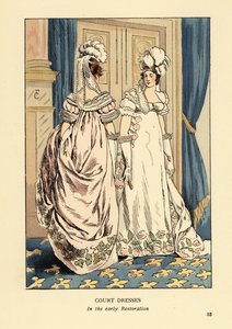 Vrouwen met veren hoofdtooien en luxueuze geborduurde jurken, hof van Koning Lodewijk XVIII, circa 1817. Interieur met blauwe gordijnen en fleur de lys tapijt. Hofjurken in de vroege Restauratie, Parijs. Handgekleurde lithografie door R.V. naar een illustr