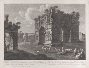 Zicht op de Boog van Janus, met herders en geiten op de voorgrond door François Morel