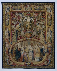 Christus en de overspelige vrouw, in een cartouche en een groteskendecor