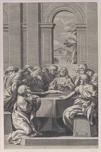 Het laatste avondmaal, het interieur van een klassiek gebouw met Christus en zijn apostelen (detail) door François Spierre