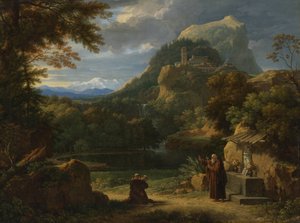 Sint Antonius van Padua introduceert twee novicen bij broeders in een berglandschap
