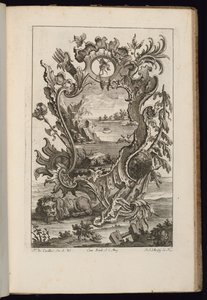 Cartouche met Carquois en Leeuw, Livre de Cartouches Irréguliers (Boek van Onregelmatige Cartouches) door François de Cuvilliés the Elder