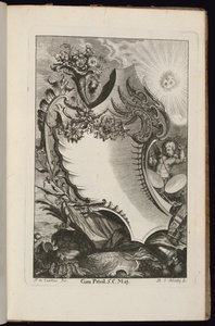 Cartouche met Hoorn des Overvloeds en Zon, Livre de Cartouches Irréguliers (Boek van Onregelmatige Cartouches) door François de Cuvilliés the Elder
