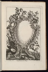Cartouche met Putto die Trompetten Vasthoudt, Livre de Cartouches Irréguliers (Boek van Onregelmatige Cartouches) door François de Cuvilliés the Elder