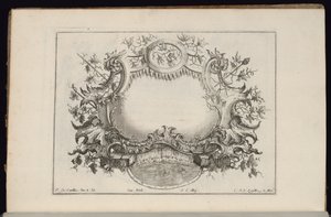 Cartouche met Wijnbladeren en Druiven, Livre de Cartouches Reguliers (Boek van Reguliere Cartouches) door François de Cuvilliés the Elder