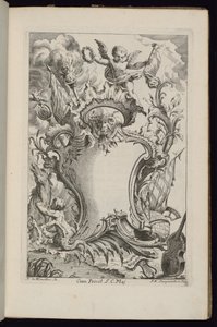 Cartouche met een Genius, Livre de Cartouches à divers usages (Boek van Cartouches voor Verschillende Gebruiken) door François de Cuvilliés the Elder