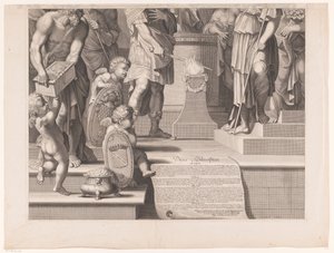 Mars steekt zijn zwaard in de vlammen voor een tempel (onderste deel) door François de Poilly (I)