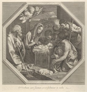De aanbidding van de herders die samen knielen voor het kind Christus door François de Poilly