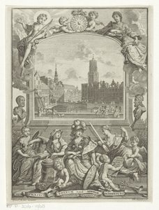 Stadsgezicht met Domkerk te Utrecht en allegorie met Minerva en deugden door François van Bleyswijck