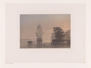 Zeilschepen bij een kade bij ondergaande zon door Frans Arnold Breuhaus de Groot