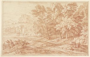 Landschap met rivier en brug met ronde toren door Frans Boudewijns
