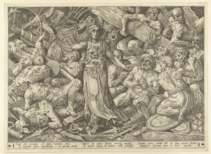 Victoria omringd door gevangenen en trofeeën door Frans Floris (I)