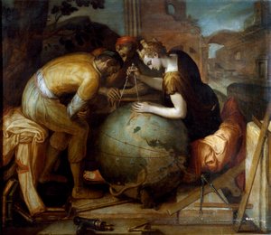 Geometrie. Allegorie en personificatie van Geometrie die een passer boven een wereldbol houdt. Verschillende geometrische instrumenten zijn in de voorgrond gerangschikt.