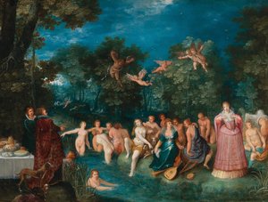 Diana en haar nimfen baden, met een hertenjacht op de achtergrond, ca. 1606