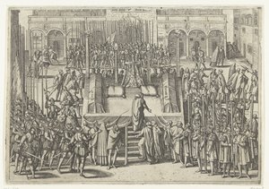 Het schavot na de onthoofding van Egmond en Horne, 1568 door Frans Hogenberg (attributed to)
