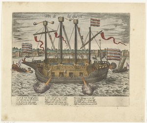 Het schip Fin de la guerre, 1585 door Frans Hogenberg