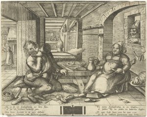 Schoenmaker en zijn vrouw, bier drinkend in een vertrek door Frans Hogenberg