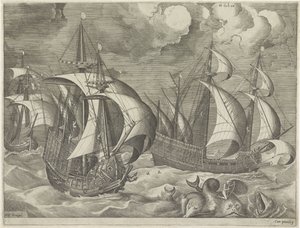 Drie oorlogsschepen, op de voorgrond Arion op een dolfijn (Zeilschepen) door Frans Huys