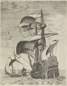 Een oorlogsschip begeleid door een galei