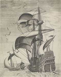 Een oorlogsschip begeleid door een galei