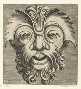 Masker met baard en snor met krullen, een toef krullen rust op de neuswortel door Frans Huys
