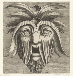 Masker met een openhangende, tandeloze mond, uitgezakte wangen en kuiven op het hoofd door Frans Huys
