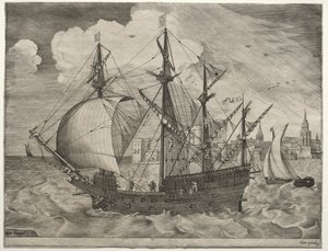 Zeilschepen: Gewapende viermaster die naar zee gaat, 1561-65 door Frans Huys