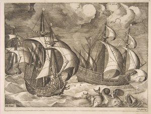Drie karvelen in een opkomende storm met Arion op een dolfijn uit De zeilschepen, 1561-65 door Frans Huys