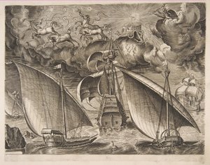 Twee galeien varen achter een bewapende driemaster met Phaeton en Jupiter in de lucht, f..., 1561-65 door Frans Huys