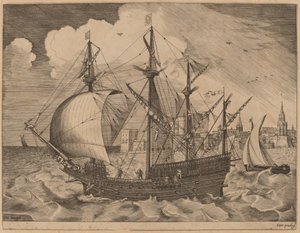 Gewapende viermaster die naar zee gaat door Frans Huys after Pieter Bruegel the Elder
