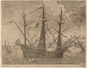 Gewapende Drie-Master Voor Anker bij een Stad door Frans Huys after Pieter Bruegel the Elder