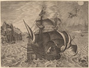 Gewapende driemaster met Daedalus en Icarus in de lucht door Frans Huys after Pieter Bruegel the Elder
