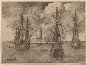 Viermaster (Links) en Twee Drie-Masters Geankerd bij een Versterkt Eiland met een Vuurtoren