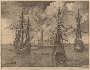 Viermaster (Links) en Twee Drie-Masters Geankerd bij een Versterkt Eiland met een Vuurtoren