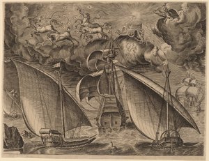 Twee galeien achter een bewapende driemaster met Phaethon en Jupiter in de lucht