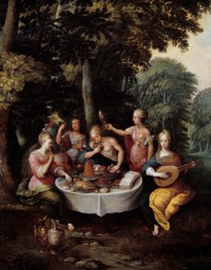 De vijf zintuigen: jonge vrouwen in een landschap met banket (smaak), muziek (horen), spiegel (zien), bloemenboeket (ruiken) en streling (voelen). Detail