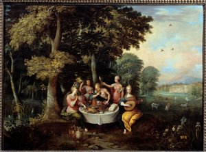 De vijf zintuigen: jonge vrouwen in een landschap met banket (smaak), muziek (gehoor), spiegel (zicht), bloemenboeket (reuk) en aanraking (tast).