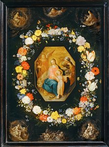 De Heilige Familie omringd door een bloemenkrans ... door Frans II the Younger Francken