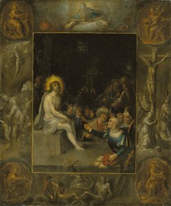 De bespotting van Christus, in een grisaille-omlijsting die God de Vader, de Evangelisten, de Kruisiging, de Opstanding en de Duivel en de Dood met de Gekroonde Slang afbeeldt