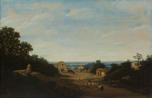 Braziliaans landschap met het dorp Igaraçu. Links de kerk van Sts Cosmas en Damian door Frans Post