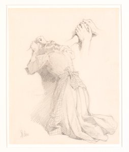 Een blad met vijf potloodschetsen. Vrouwelijke figuren. Studie van handen.