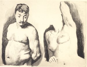 Proefplaat met twee studies naar naakte mannelijke en vrouwelijke modellen in halffiguur door Frans Schwartz