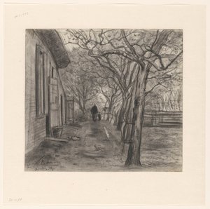 Boerenerf met bomen, vrouw en kind door Frans Alexander Evert Lodewijk Smissaert
