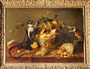 Twee apen plunderen een fruitmand ... door Frans Snyders