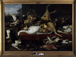 Stilleven van wild, vis, fruit en groenten door Frans Snyders
