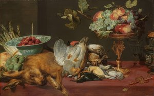 Stilleven met kleinwild en fruit