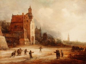 Soldaten die kegelen op een weg, Breda op de achtergrond door Frans de Momper